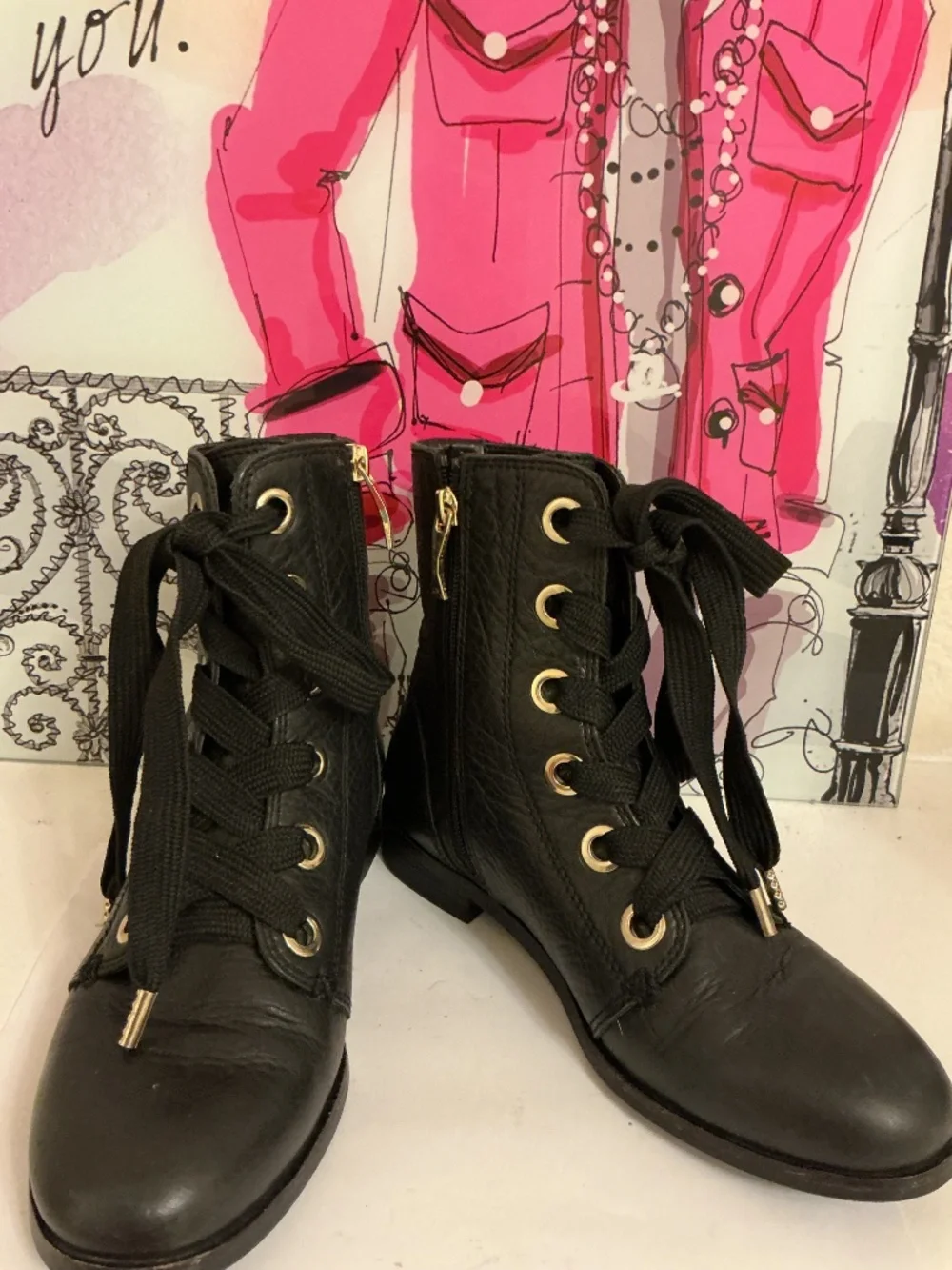 Kate Spade New York Genuine Leather Black Lace-Up Combat Boots — Size 7M